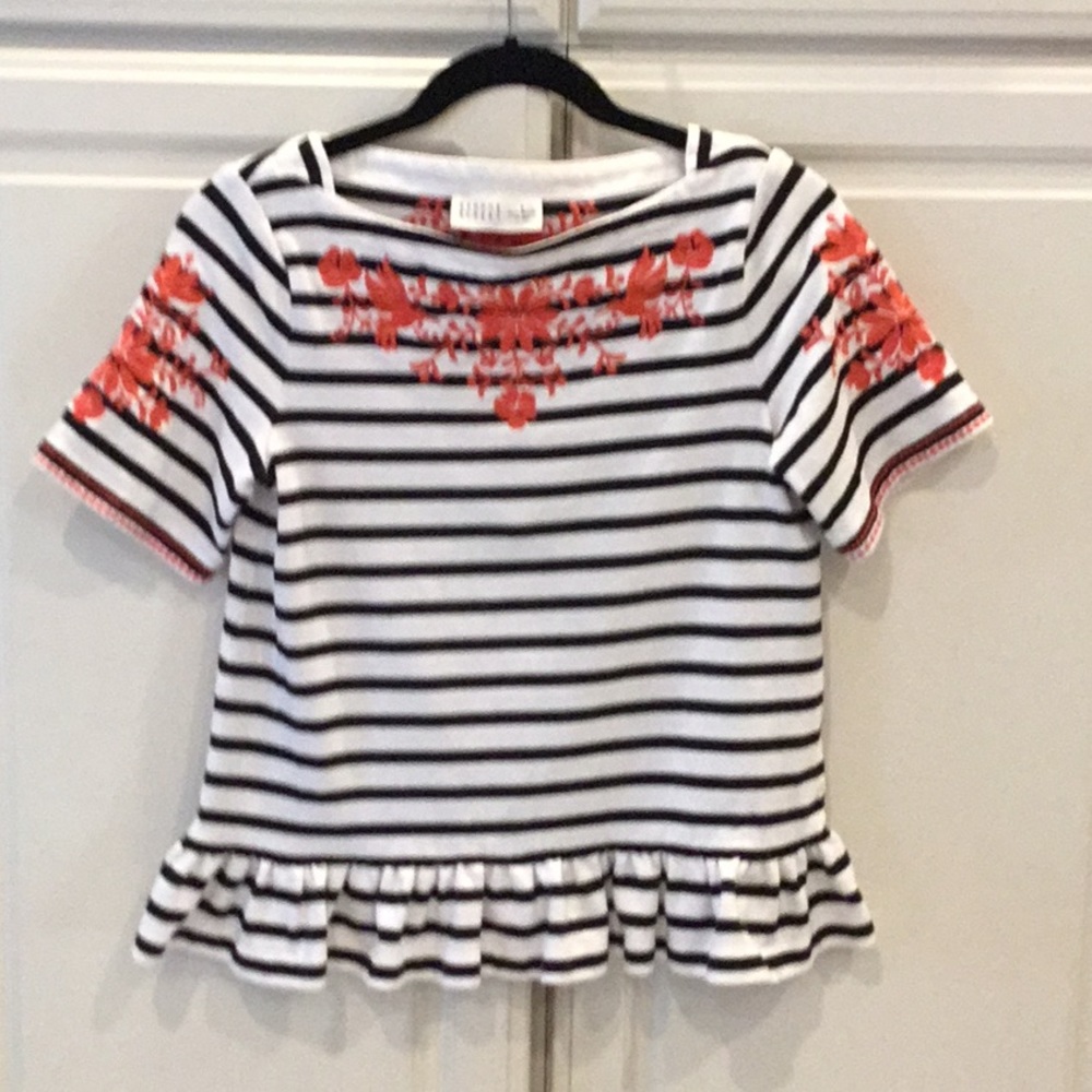 Kate Spade Black/White Striped & Embroidered Top